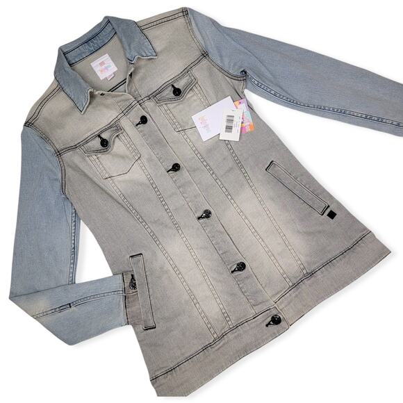 LuLaRoe Jaxon Denim Jacket Small Two-Tone Grey Blue Wash Stretch Jean Coat - Picture 5 of 13
